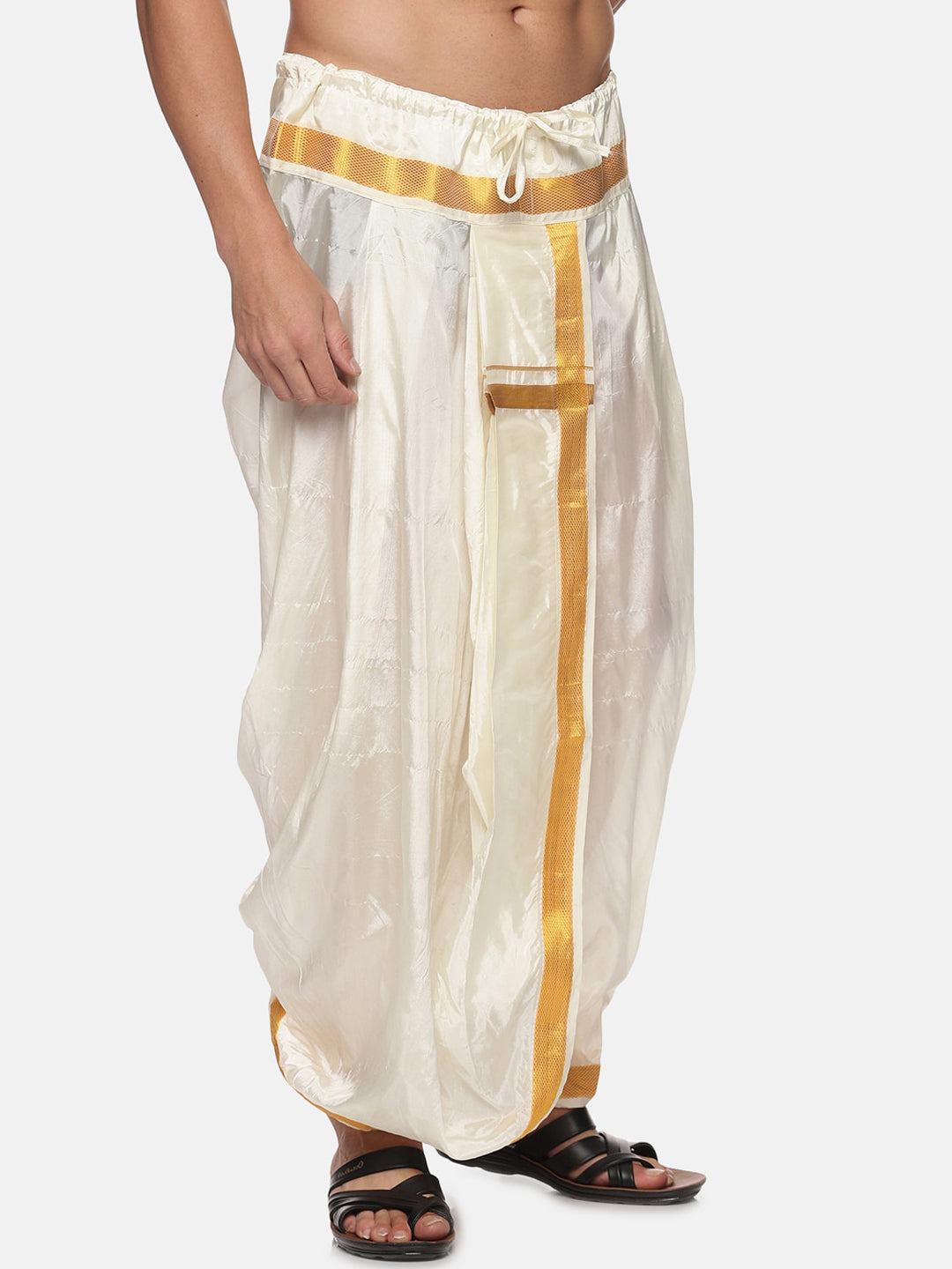 Sethukrishna Men Cream-Coloured & Gold-Coloured Solid Art Silk Dhoti Pants | Swadesiicart