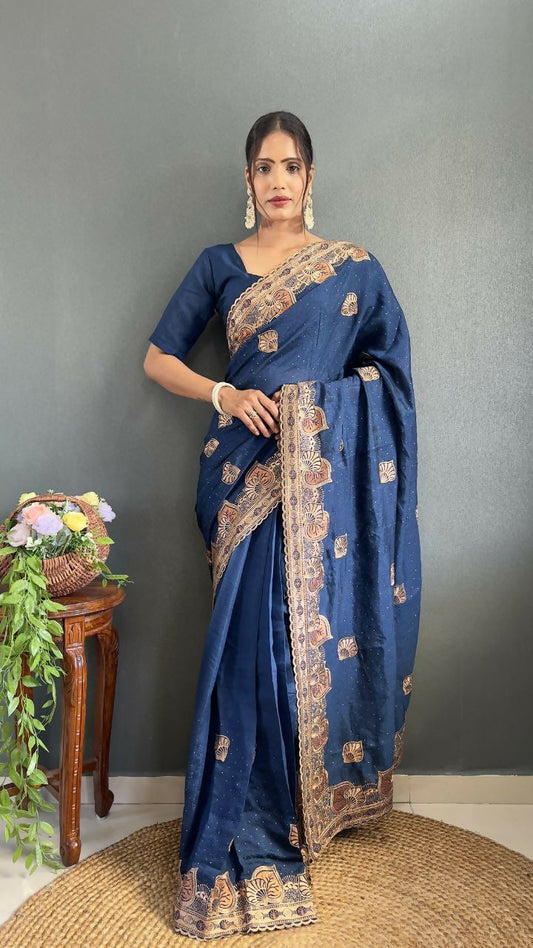 Vastranavya Blue Vichitra Silk Zari with Swarovski Work Ready to Wear Saree | Swadesiicart