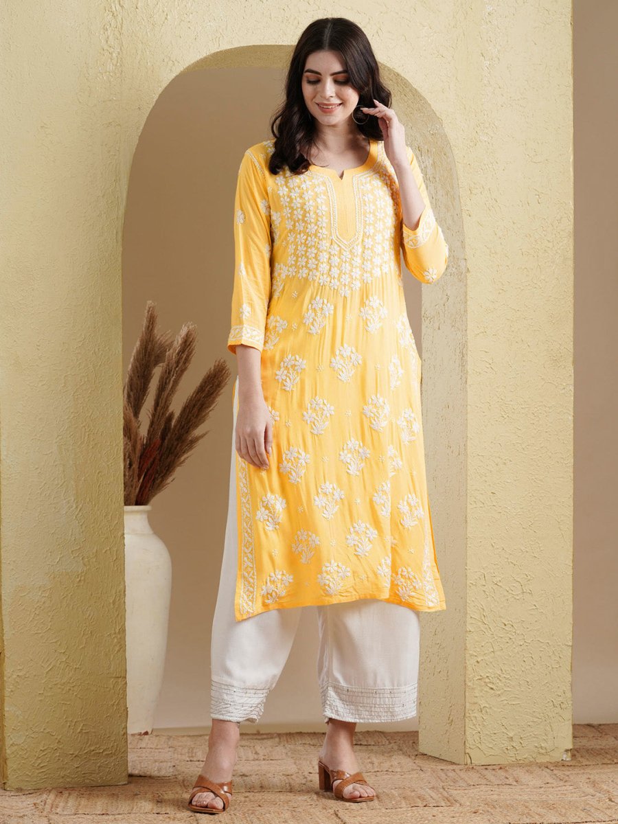 ADA Floral Lucknowi Chikankari Straight Kurta | Swadesiicart