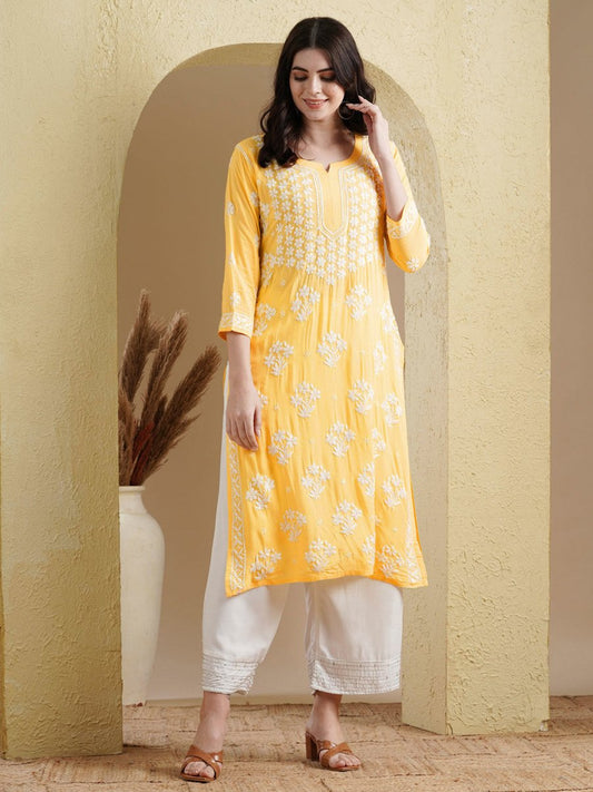 ADA Floral Lucknowi Chikankari Straight Kurta | Swadesiicart