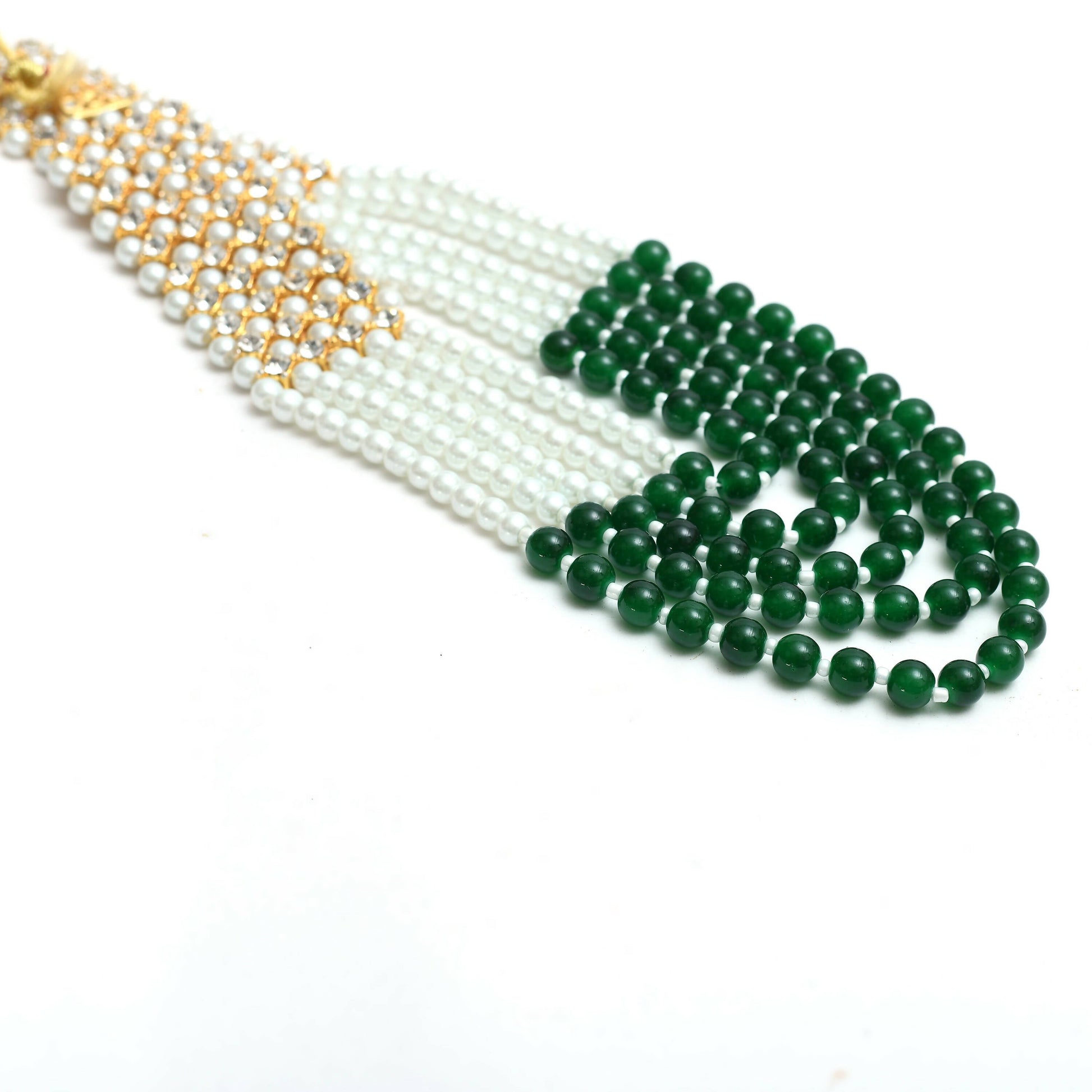 Mominos Fashion Johar Kamal Gold-Polished Rani Haar with Cream Green and Off white Pearls Jewellery Set - Swadesiicart