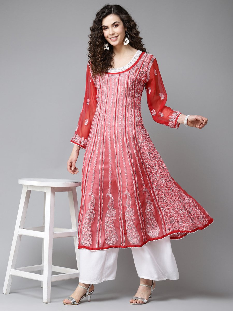 ADA Women Red & White Ethnic Motifs Embroidered Chikankari Georgette Kurta | Swadesiicart