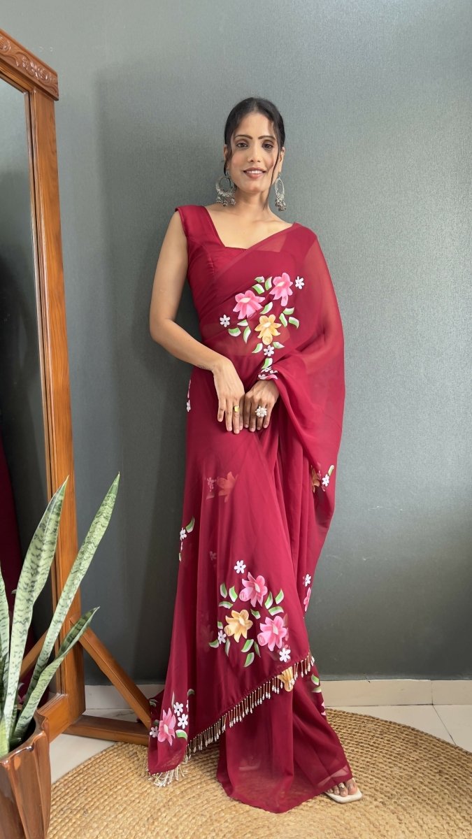Aayaa Designer 1 min Hand Painted Ready to Wear saree - Maroon | Swadesiicart