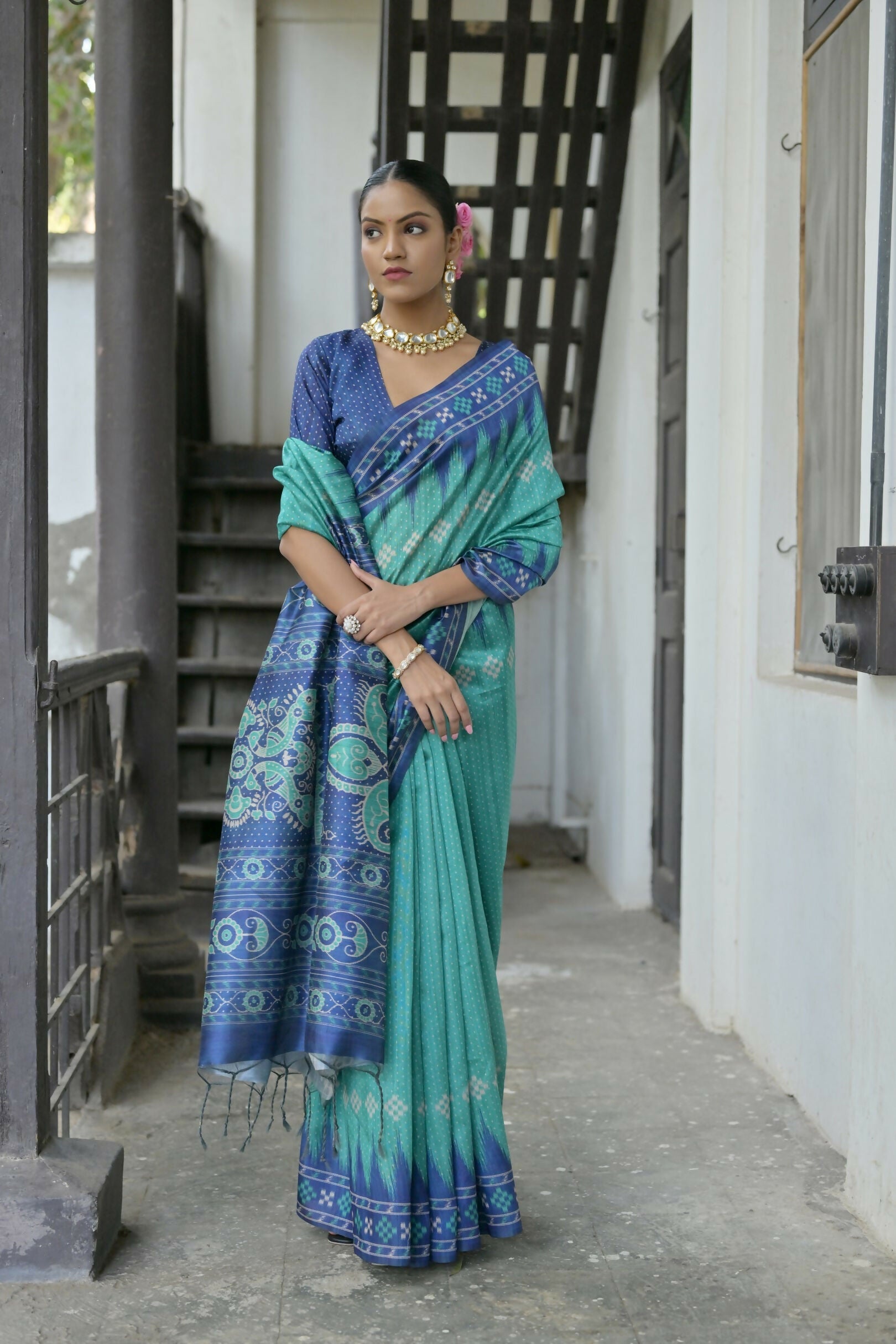 Vishnu Weaves Women's Rama Soft Tussar Silk Saree with Blouse - Swadesiicart
