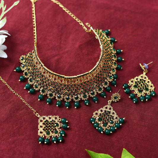 Mominos Fashion Johar Kamal Traditional Rajwadi Design Heavy Golden/Green Color Necklace Set - Mominos Fashion