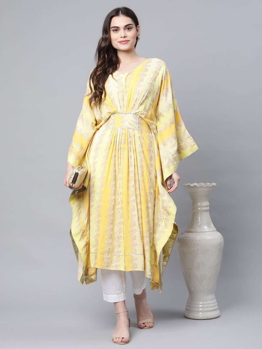 Ahalyaa Women Yellow Rayon Printed Flared Sleeve Kaftan Kurta | Swadesiicart