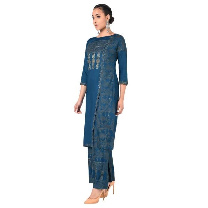Aniyah Rayon Block Print Front Slit Straight Kurta With Palazzo Set In Blue (AN-166K) | Swadesiicart