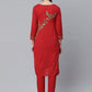 ADA Women Red & Green Chikankari Hand Embroidered Sustainable Handloom Kurta with Trousers | Swadesiicart