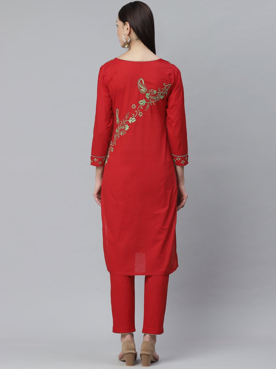 ADA Women Red & Green Chikankari Hand Embroidered Sustainable Handloom Kurta with Trousers | Swadesiicart