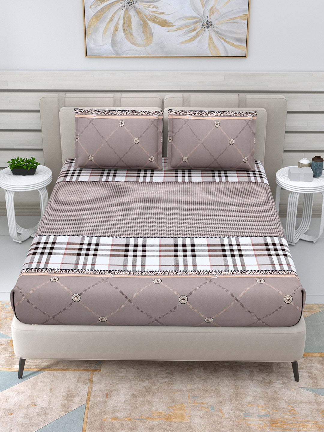 DREAM WEAVERZ Beige Checked 220 TC Glazed Cotton Bedsheet with Pillow Covers - Swadesiicart