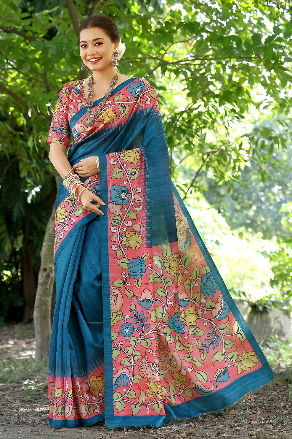 Vishnu Weaves Women's Blue Cotton Silk Woven Saree with Blouse - Swadesiicart
