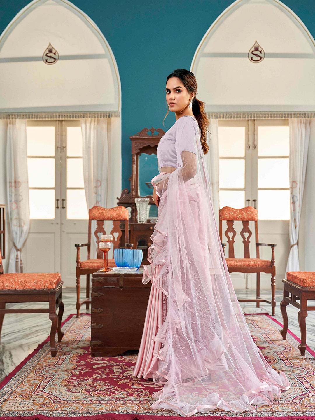 Tikhi Imli Floral Sequinned Satin Half and Half Saree | Swadesiicart