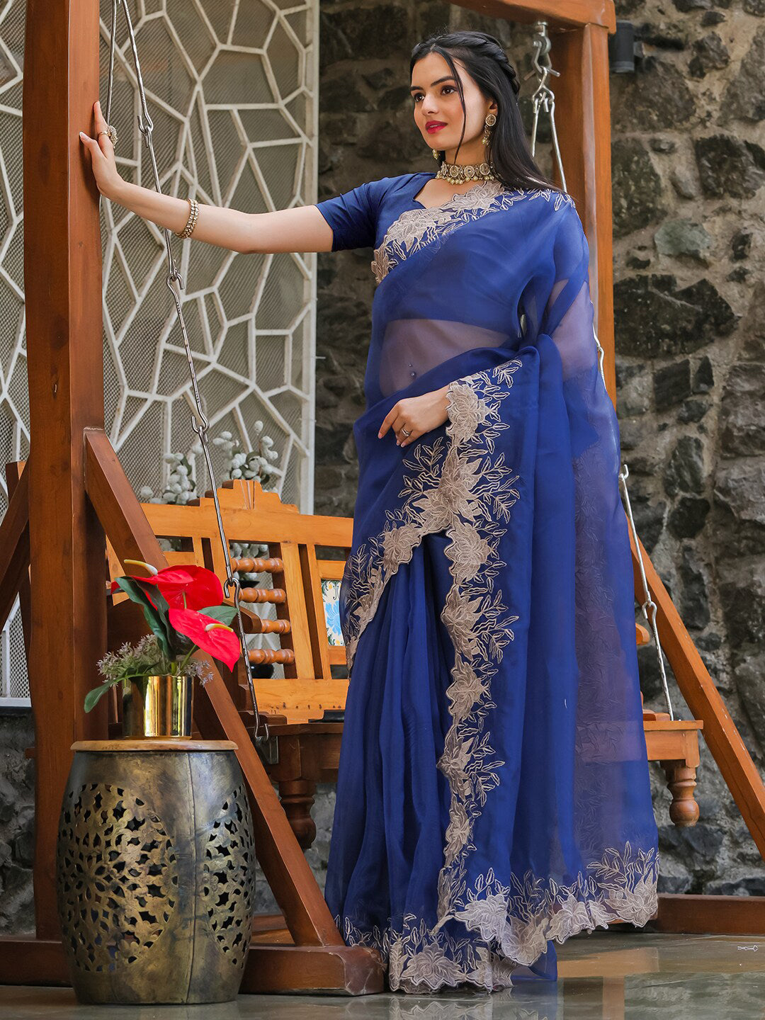 Tikhi Imli Blue Embroidered Organza Saree | Swadesiicart