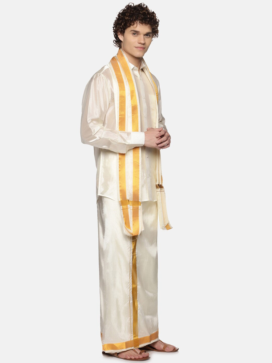 Sethukrishna Men Cream-Coloured Solid Art Silk Dhoti With Angavastram | Swadesiicart