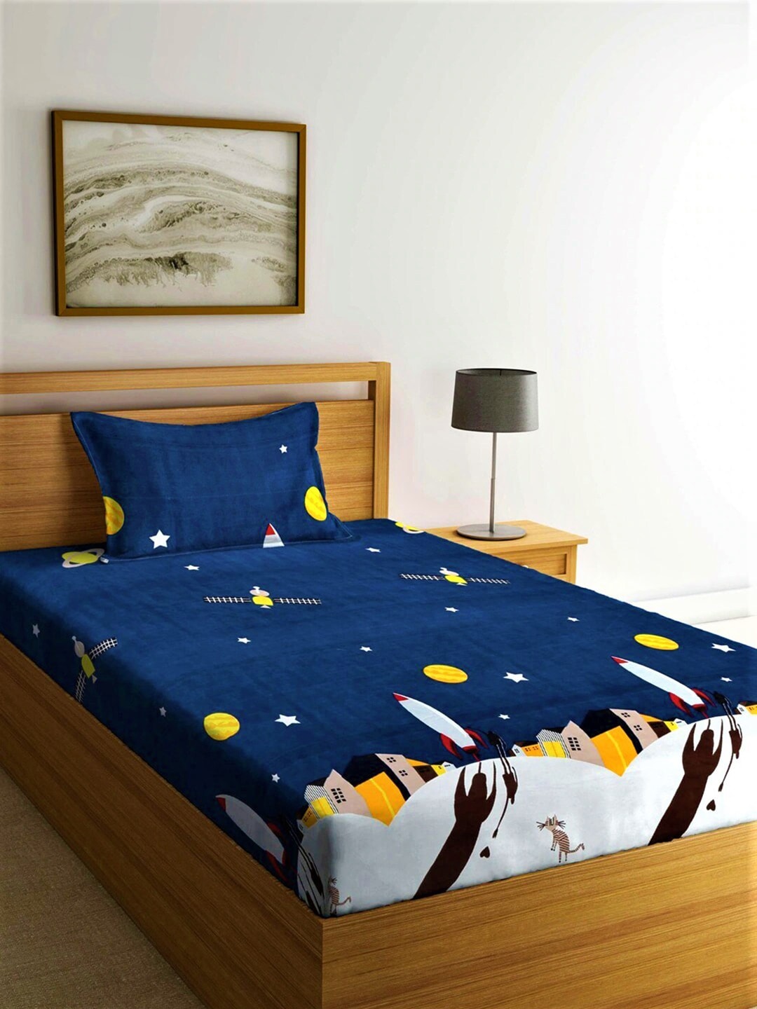 Home Sizzler Blue & Yellow Cartoon Characters 210 TC Bedsheet with Pillow Covers - Swadesiicart