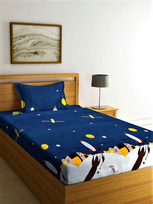 Home Sizzler Blue & Yellow Cartoon Characters 210 TC Bedsheet with Pillow Covers - Swadesiicart