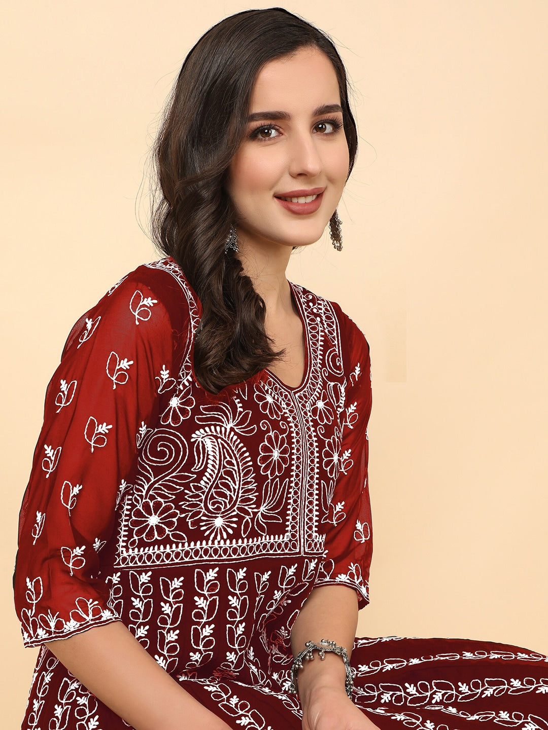 HERE&NOW Scoop Neck Chikankari Embroidered Thread Work Georgette Anarkali Kurta | Swadesiicart