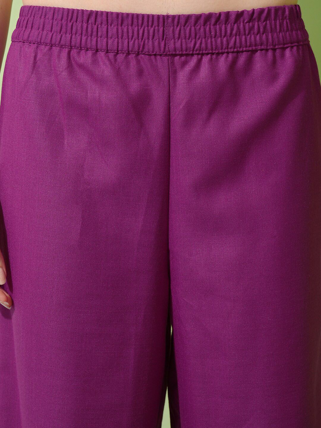 Vishudh Purple Yoke Design Thread Work Straight Kurta With Palazzos & Dupatta - Swadesiicart