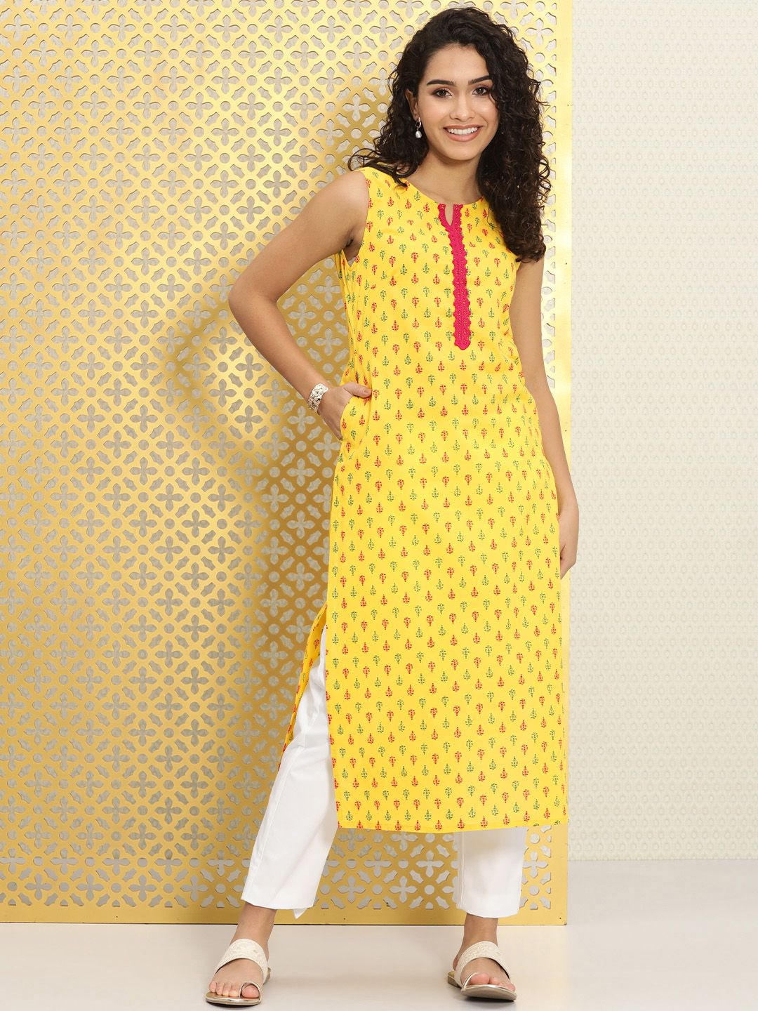 Ode by House of Pataudi Women Yellow Ethnic Motifs Printed Rozana Straight Kurta - Swadesiicart
