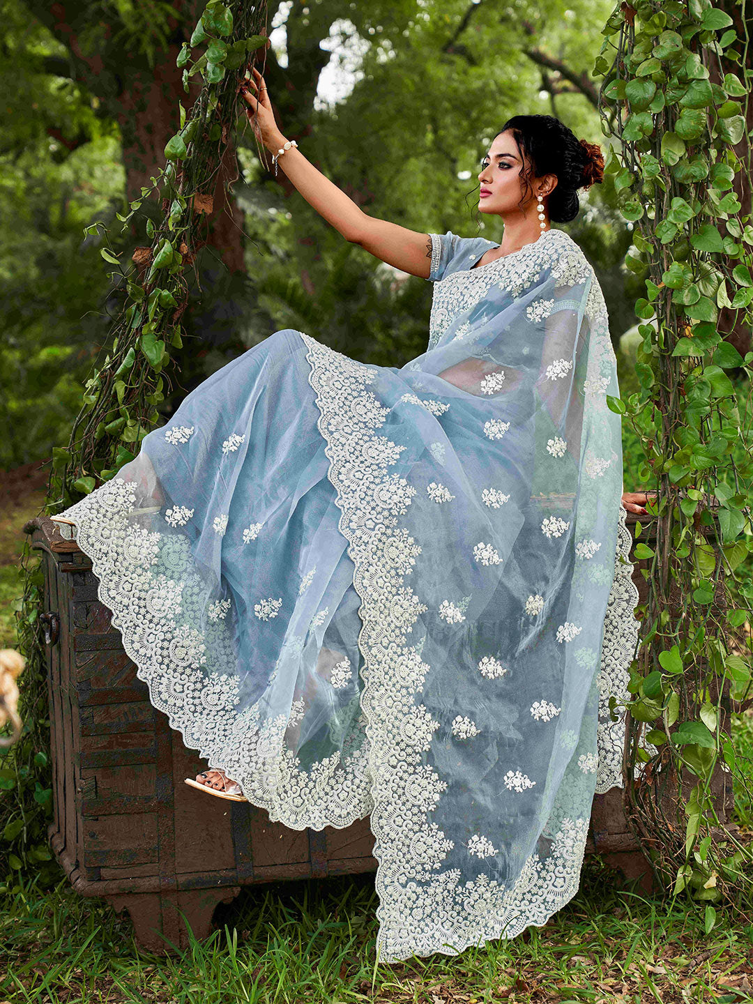 Tikhi Imli Ethnic Motifs Beads and Stones Organza Heavy Work Saree | Swadesiicart