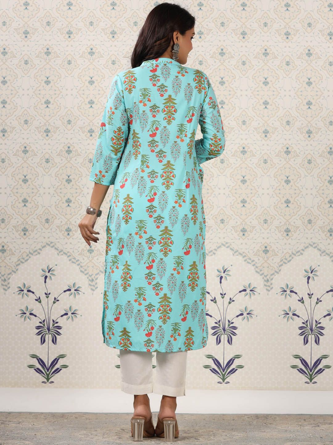 Ode by House of Pataudi Floral Printed Mandarin Collar Pure Cotton Kurta - Swadesiicart