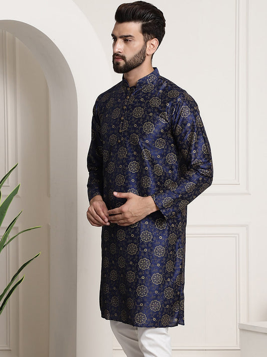 Sojanya Men Navy Blue & Golden Ethnic Motifs Printed Indigo Kurta | Swadesiicart