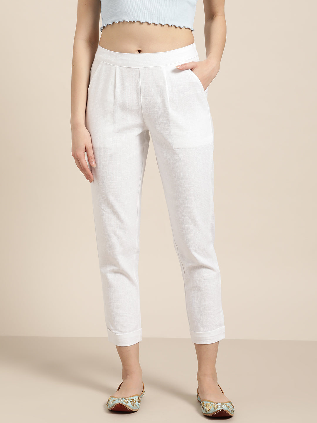 Jaipur Kurti Women White Regular Cropped Trousers | Swadesiicart