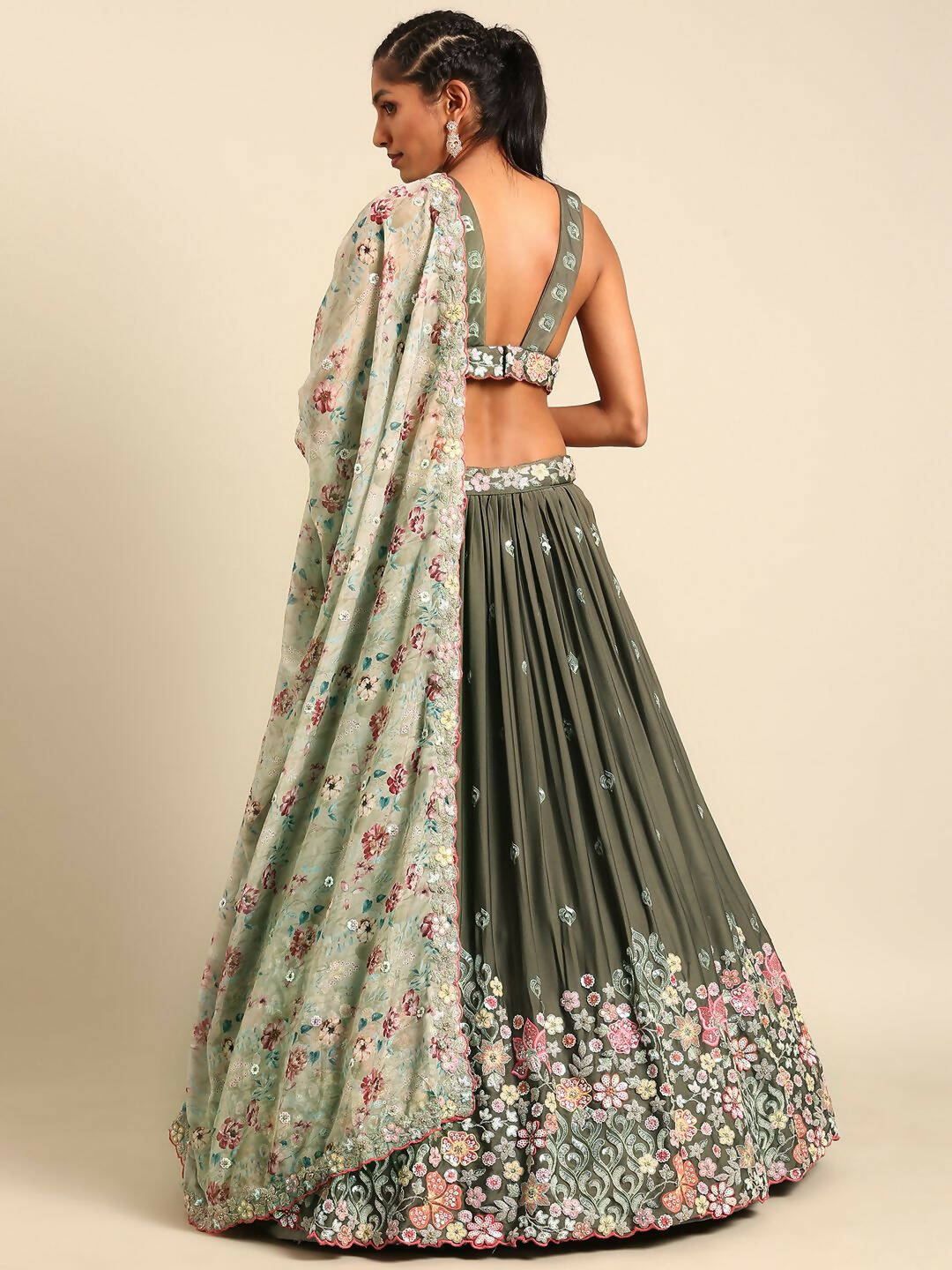 House of Panchhi Olive Chinon Sequins embroidery Lehenga choli & Dupatta | Swadesiicart