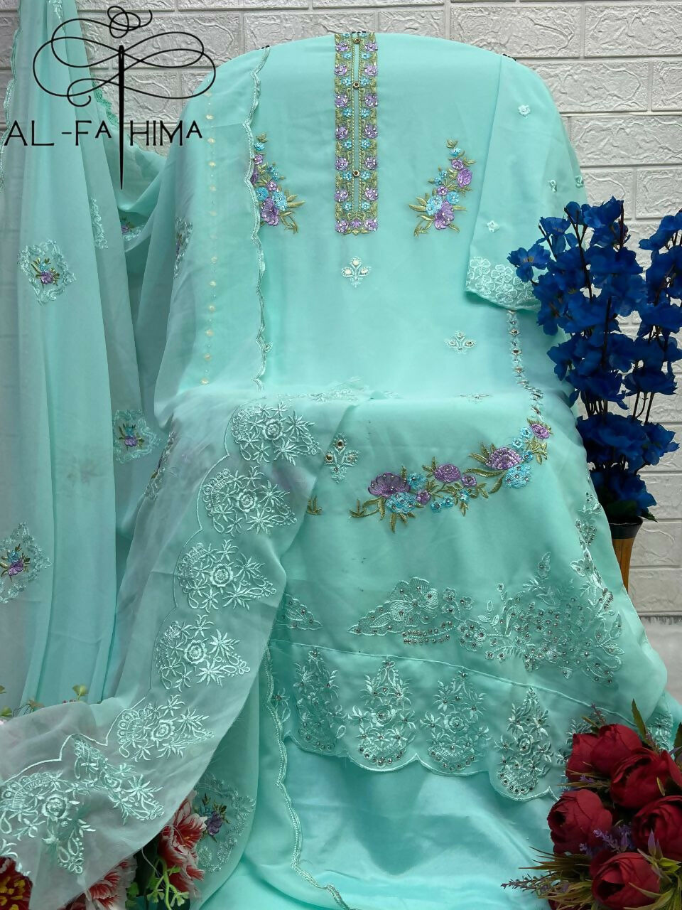 Jyoti Fashion Women's Turquoise Faux Georgette Heavy Embroidery and Moti Work Kurta Set | Swadesiicart
