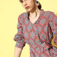 InWeave Women's Pink Blue Ogee Print Belted Coord Set - Swadesiicart