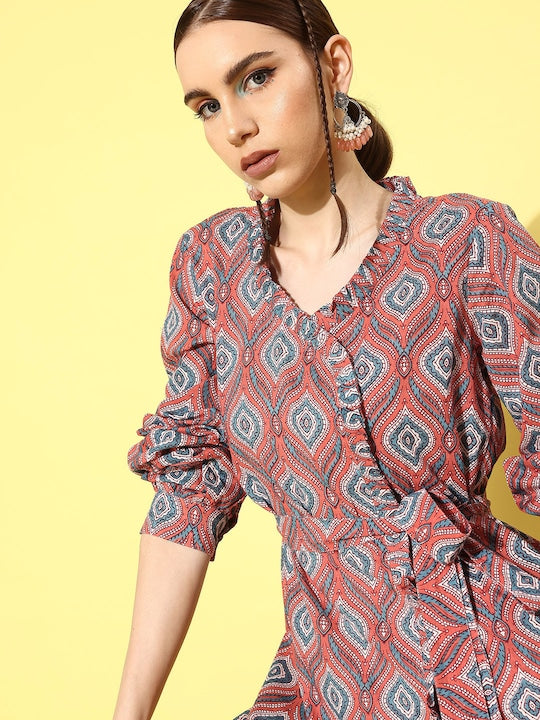 InWeave Women's Pink Blue Ogee Print Belted Coord Set - Swadesiicart