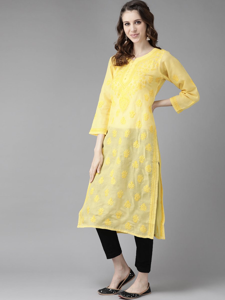 ADA Women Yellow & Black Chikankari Embroidered Handloom Kurta with Cotton Trousers | Swadesiicart