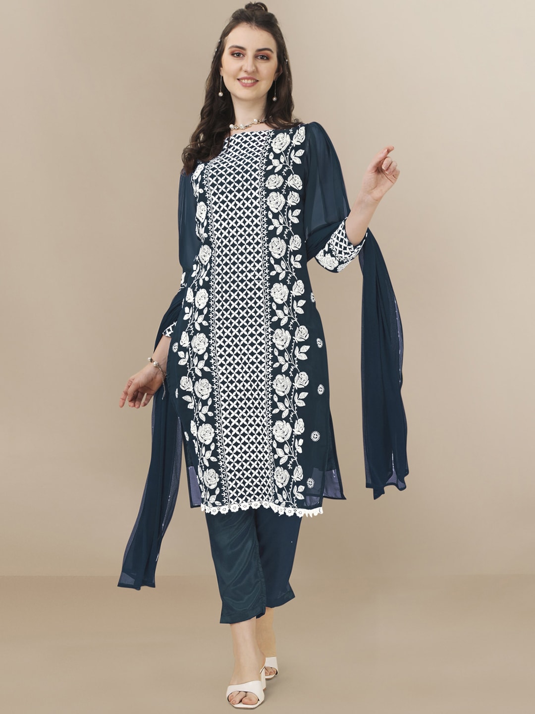 HERE&NOW Floral Embroidered Chikankari Kurta with Trousers & Dupatta | Swadesiicart