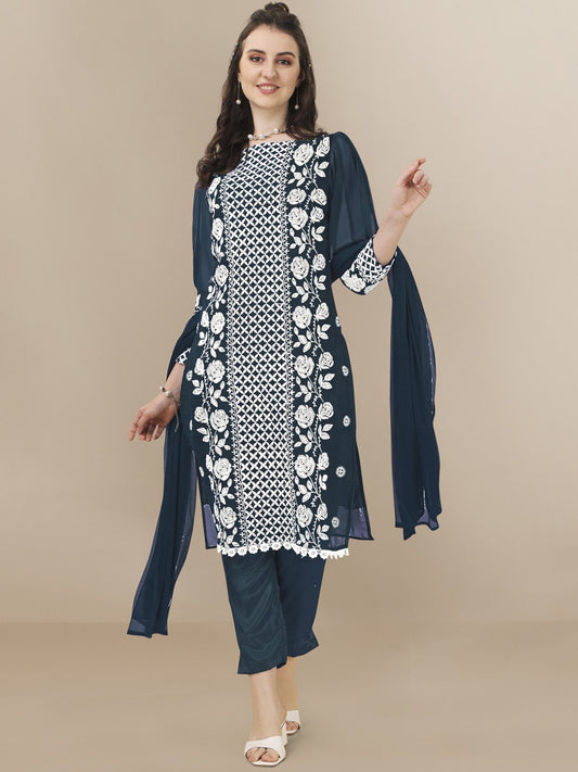 HERE&NOW Floral Embroidered Chikankari Kurta with Trousers & Dupatta | Swadesiicart