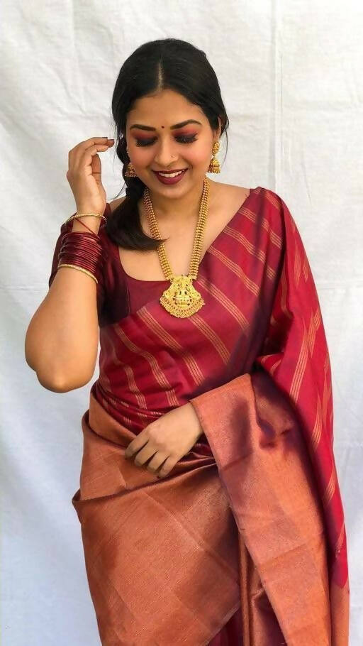 DEIANA'S Beautiful Designer Golden zari Soft Lichi Silk Saree - Brown - Swadesiicart