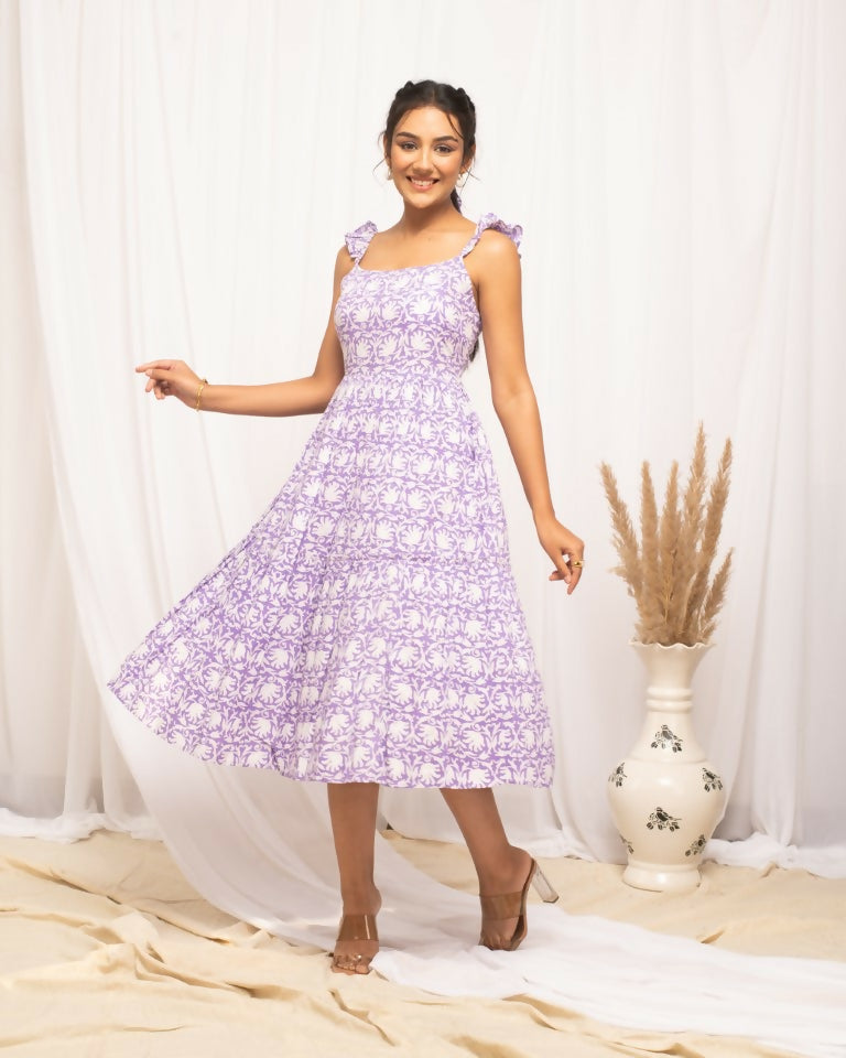 FIORRA Women's Lavender Cotton Floral Printed Dress - Swadesiicart