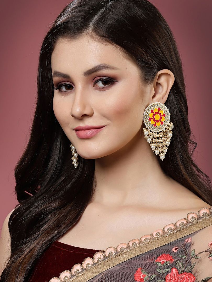 Mandala Pattern Floral Pink and Yellow Meenakari Drop Earrings for Womens by House of Ree | Swadesiicart