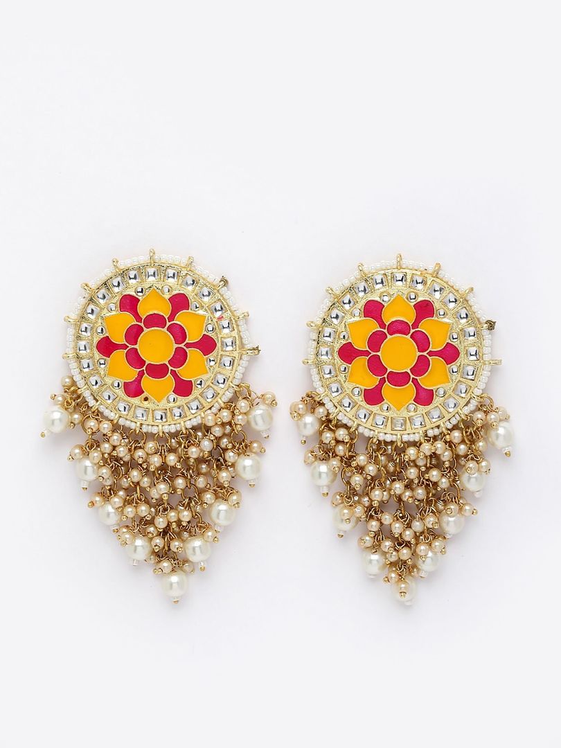 Mandala Pattern Floral Pink and Yellow Meenakari Drop Earrings for Womens by House of Ree | Swadesiicart
