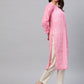 ADA Women Pink & White Chikankari Embroidered Straight Sustainable Handloom Kurta | Swadesiicart