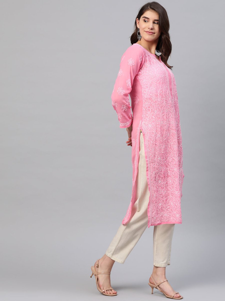 ADA Women Pink & White Chikankari Embroidered Straight Sustainable Handloom Kurta | Swadesiicart