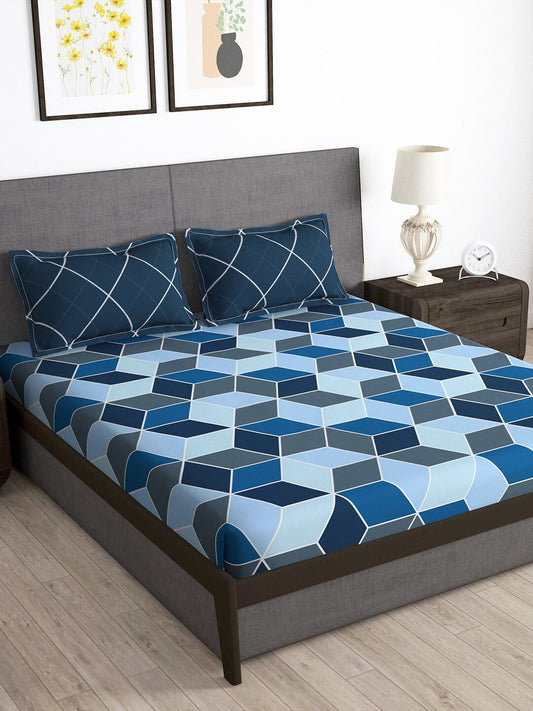 Story@home Arena Blue & Grey Geometric Printed 180 TC Queen Bedsheet & 2 Pillow Covers - Swadesiicart