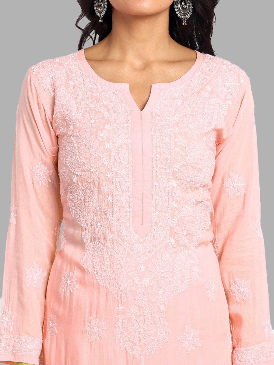 ADA Floral Embroidered Long Sleeves Regular Lucknowi Chikankari Kurta With Palazzos | Swadesiicart