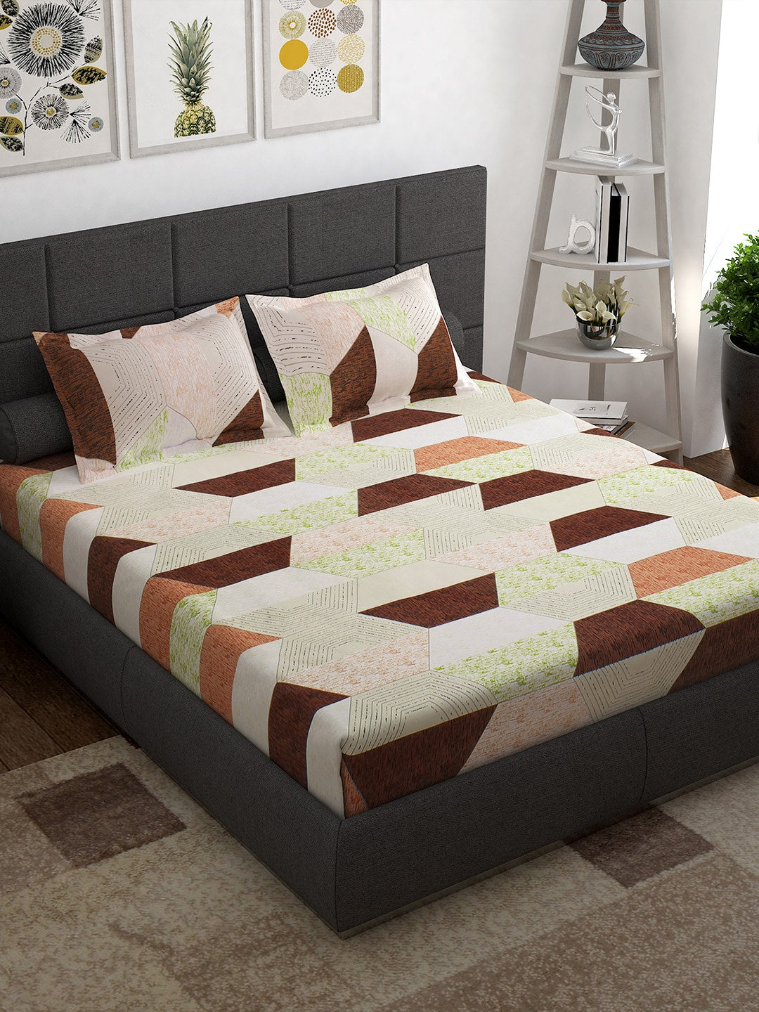 Story@home Cream-Coloured Geometric 152 TC Cotton 1 Queen Bedsheet with 2 Pillow Covers - Swadesiicart