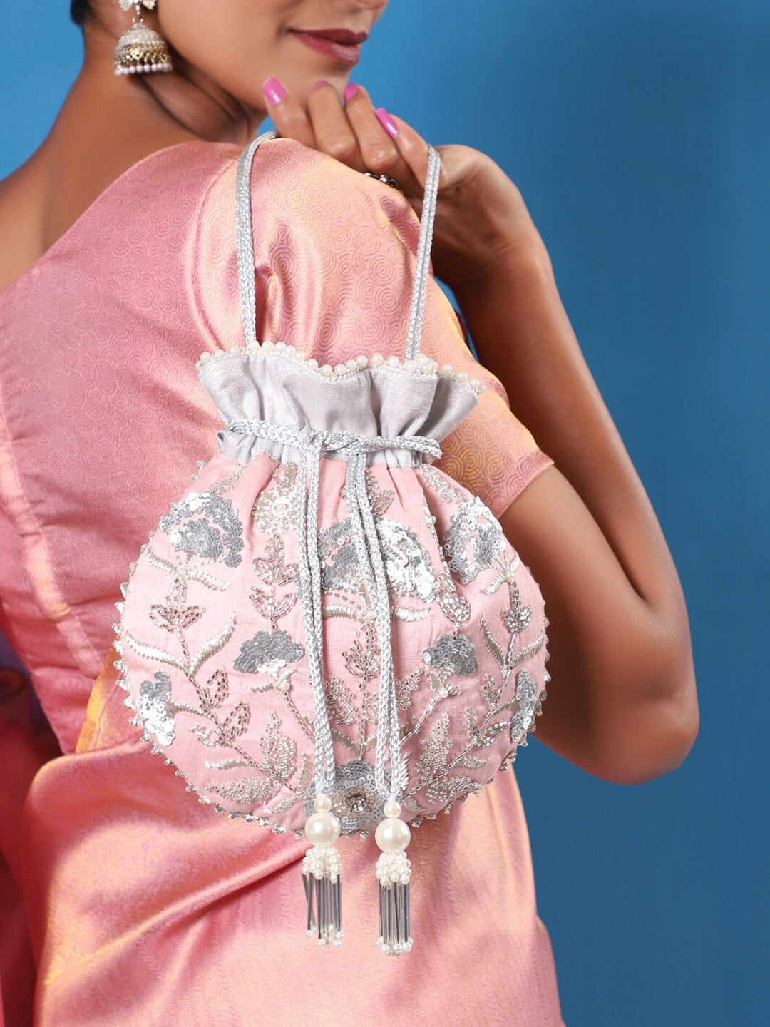 Masq Peach-Coloured & Grey Embroidered Potli Clutch - Swadesiicart