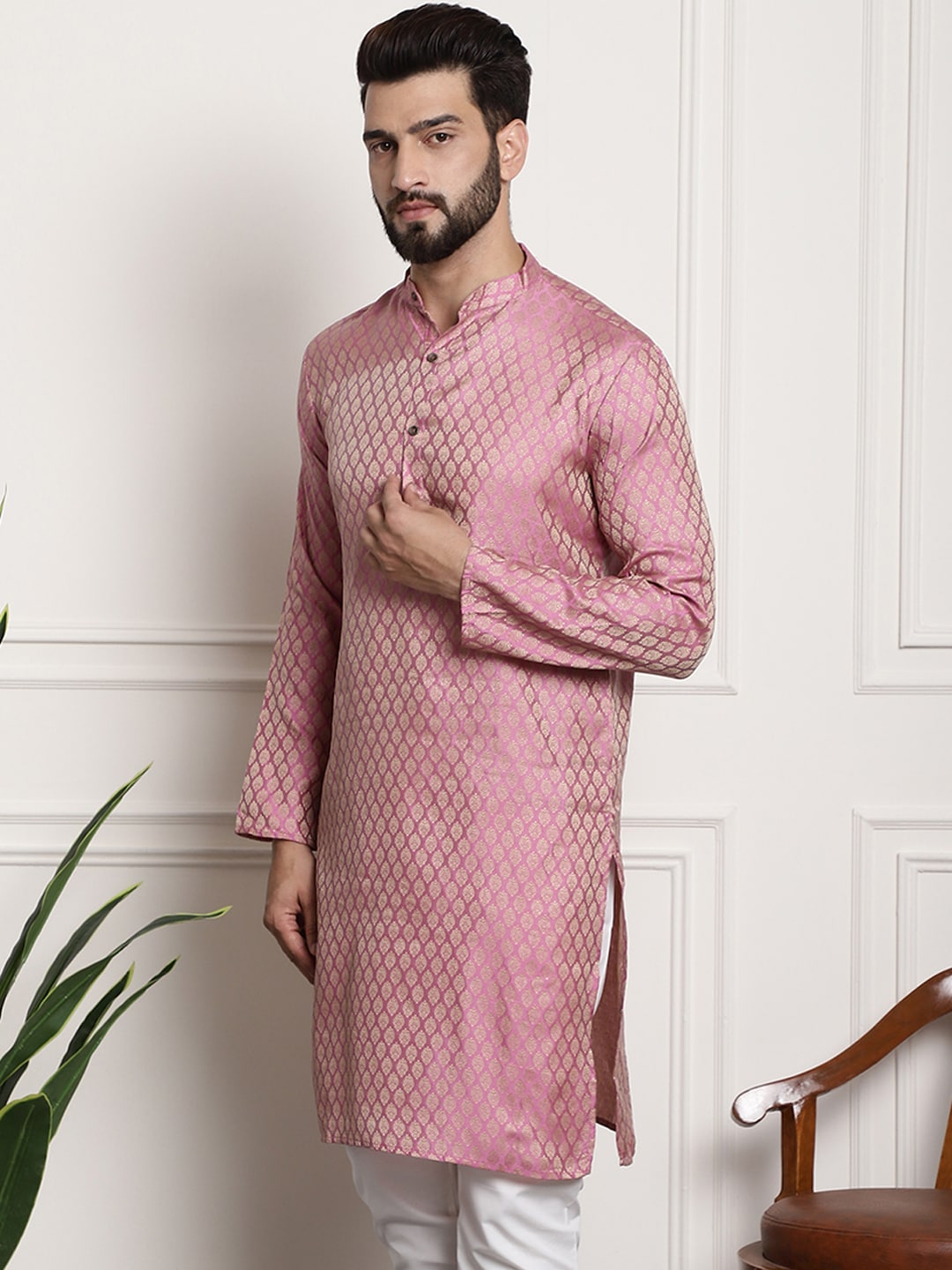 Sojanya Men Pink & Beige Ethnic Motifs Jacquard Woven Design Straight Kurta | Swadesiicart