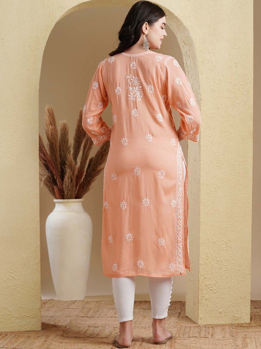 ADA Ethnic Motifs Embroidered Lucknowi Chikankari Detailed Modal Cotton Straight Kurta | Swadesiicart