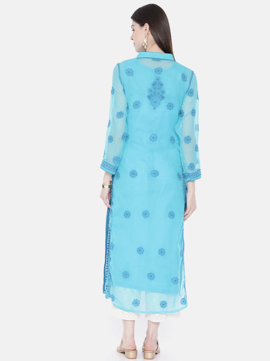 ADA Women Blue Embroidered Lucknow Chikankari Straight Kurta With Slip | Swadesiicart