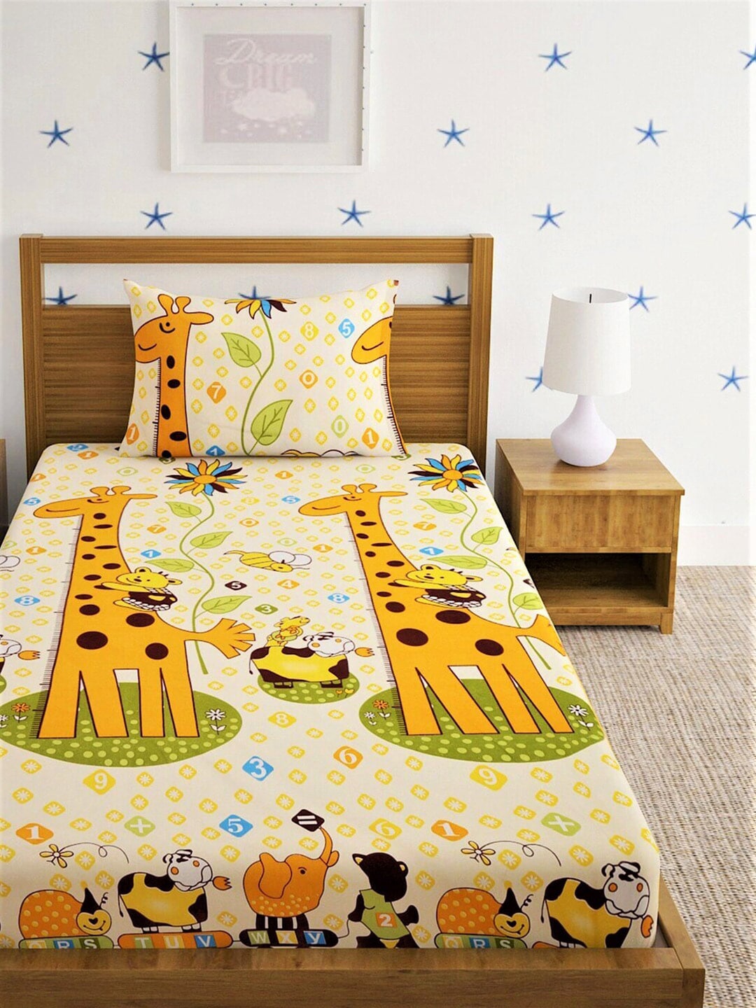 Home Sizzler Yellow & Orange Cartoon Characters 210 TC Single Bedsheet with 1 Pillow Covers - Swadesiicart