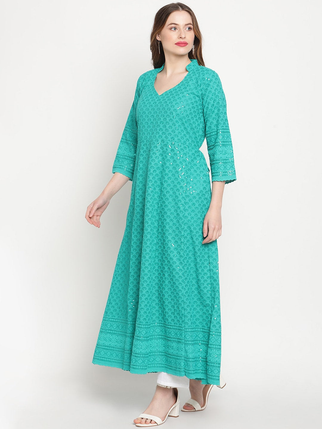 Kalini Chikankari Embroidered Pure Cotton Anarkali Kurta | Swadesiicart