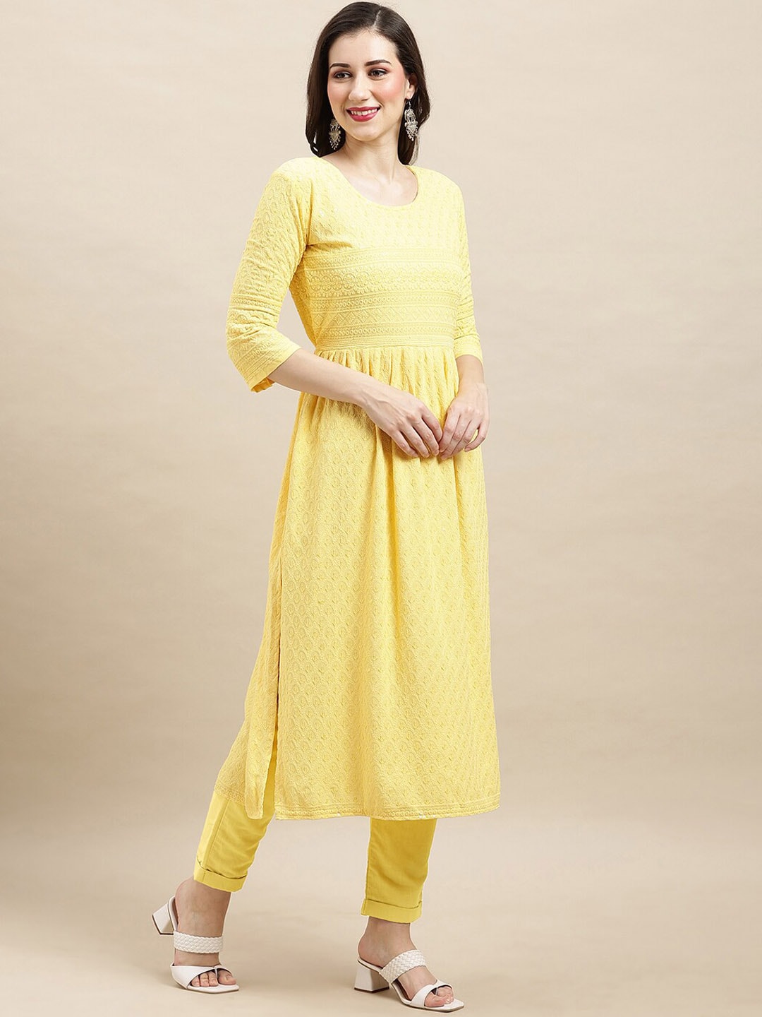 Sangria Yellow Ethnic Motifs Embroidered Chikankari A-Line Kurta | Swadesiicart